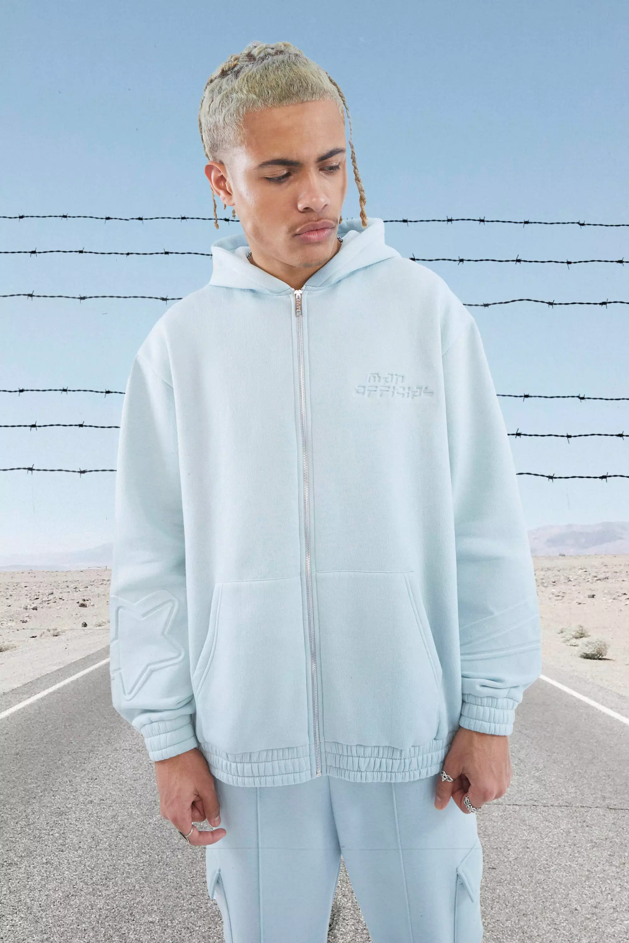 Tall Oversized Debossed Zip Through Hoodie boohooMAN IE